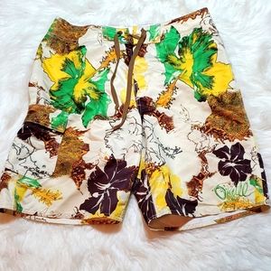 O'Neill board shorts swimming trunks, Hawaiian flowers tan, green, brown Size 32